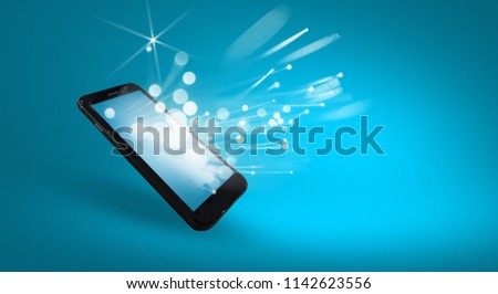 Mobile phone, on a blue neon background, magic bokeh spark, extra reality