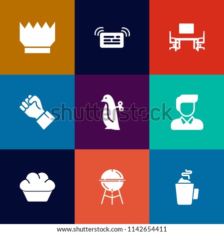 Modern, simple vector icon set on colorful flat backgrounds with queen, kingdom, male, cup, king, royal, white, message, meat, hand, animal, people, grill, bbq, sweet, crown, children, internet icons