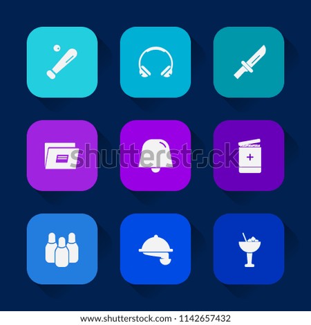 Modern, simple vector icon set on colorful long shadow backgrounds with fork, cocktail, headset, league, alcohol, sport, document, listen, audio, bowling, paper, bar, drink, knife, dinner, sign icons.