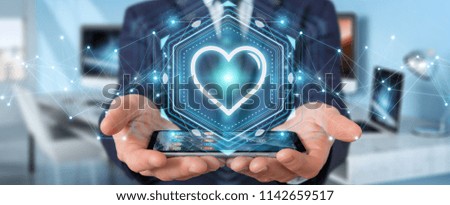 Businessman on blurred background using dating application to find love online 3D rendering
