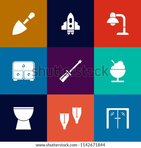 Modern, simple vector icon set on colorful flat backgrounds with interior, entrance, satellite, decor, galaxy, glass, architecture, shovel, icecream, craft, table, decoration, handle, percussion icons