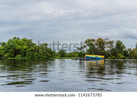 A boat on the Amazon River, exploring the Amazonian jungle near to Iquitos, peru.