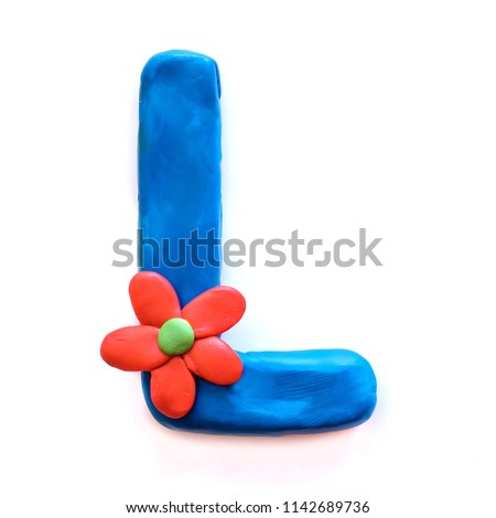 Blue plasticine letter L with red flower, isolate on white background