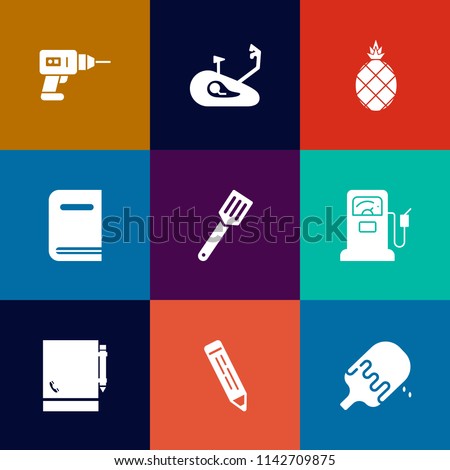Modern, simple vector icon set on colorful flat backgrounds with tool, cooking, pineapple, pen, white, food, biking, page, pencil, pan, dessert, library, tropical, repair, notepad, notebook, ice icons