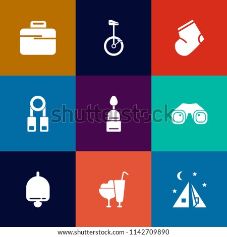 Modern, simple vector icon set on colorful flat backgrounds with school, outdoor, business, equipment, training, circus, bakery, camp, presentation, briefcase, jersey, clothes, bag, muffin, tent icons