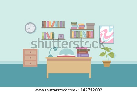 Illustration of an Interior of an Office with a Table, Lamp, Plant, Cabinet and Books on the Shelves