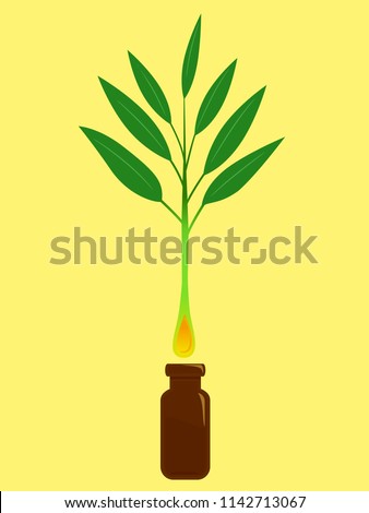 Illustration of a Tee Tree Plant with Oil Dropping Down a Brown Bottle