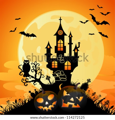 Halloween Greeting Card with Castle on Full Moon Background, vector illustration