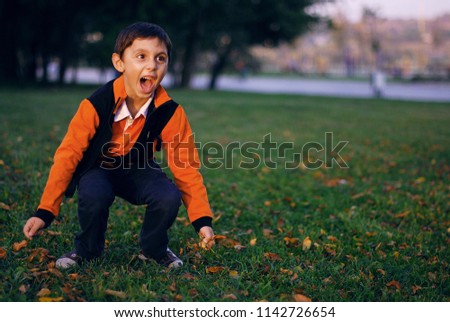 child on the grass. emotion, rage, rapture, cry. the boy screams Royalty-Free Stock Photo #1142726654