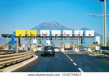 Toll booth with Blank signs on the road in Italy at the Mount Vesuvius mountain
