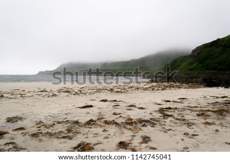 Landscape view of Calgary beach in Mull island, one of the main of the inner Hebrides in Scotland. It was a foggy summer day and the atmosphere was quiet and wet