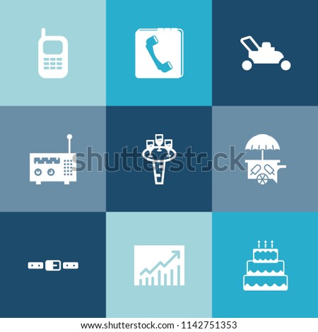 Modern, simple vector icon set on colorful blue backgrounds with radio, dessert, contact, concept, internet, lawnmower, call, mover, glass, vehicle, web, book, belt, food, equipment, sign, cream icons