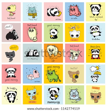Vector cards with cute pandas, cats and funny lettering