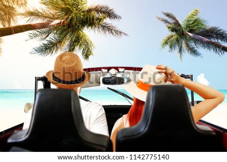 Retro summer car with two lovers. Summer trip on beach. Landscape of sea with two palms. 