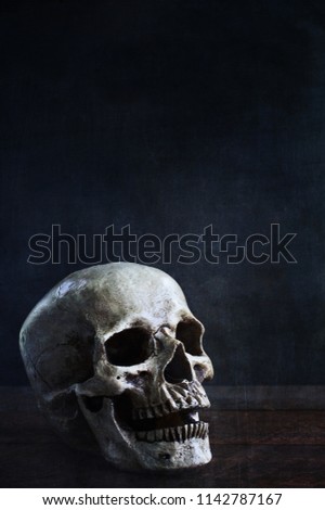 Halloween human skull in front of black background with space for text.