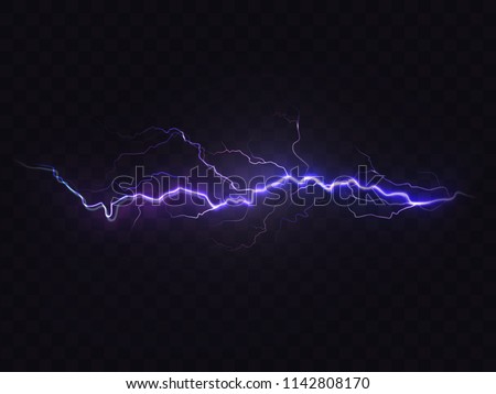 Vector realistic lightning isolated on black background. Natural light effect, bright glowing. Magic purple thunderstorm, design element Royalty-Free Stock Photo #1142808170