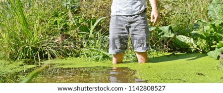 Close-up on the feet - Man is running in summer through a small river where plants are growing