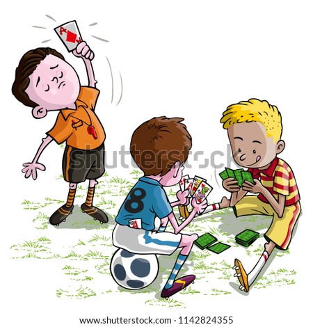 Vector illustration, comic football players with referee, cartoon concept.