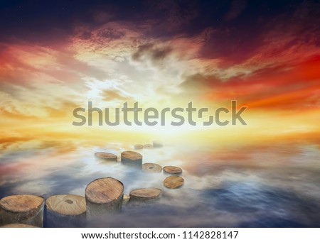 Paradise heaven . Light in sky  . Dramatic nature background . beautiful cloud .   Way to heaven . Way to God .  Journey of the Soul .  background sky at sunset and dawn . Glowing sunset . Royalty-Free Stock Photo #1142828147