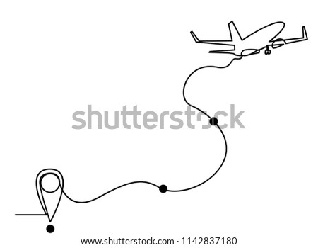 Continuous line art or One Line Drawing of  Airplane line path vector of air plane flight route with start point 