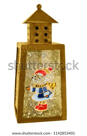Christmas decorations lantern with a picture on the glass, a fairy-tale mouse. Isolated