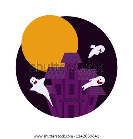 Laughing ghosts fly near the violet house in Halloween night. Yellow full moon illuminates the castle. Friendly spirits in the moonlight scare and frighten. Vector illustration on white background.
