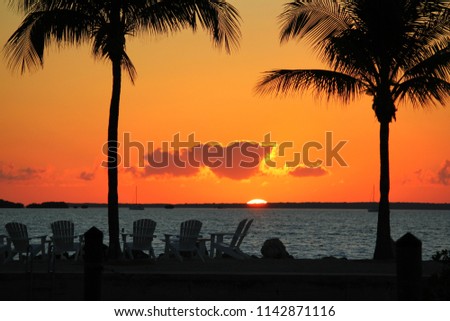 Rich tropical deep orange sunset with coconut palm trees and white chairs  in silhouette on the beach in the Florida Keys