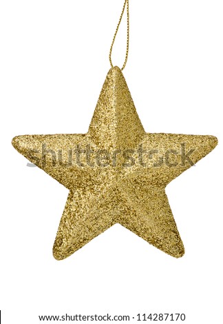 Golden glittering star  Christmas ornament isolated on white background