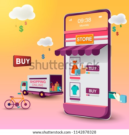 Shopping Online on Mobile VECTOR Royalty-Free Stock Photo #1142878328
