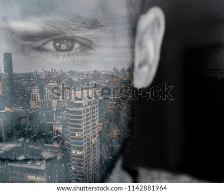 man face and city