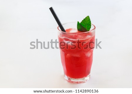 Watermelon smoothie or cocktail with mint, isolated on white