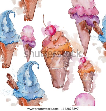 Ice cream sweet summer food. Seamless background pattern. Fabric wallpaper print texture. Flavor candy collection: chocolate, strawberry, cream, cone, cold milk snack. 
