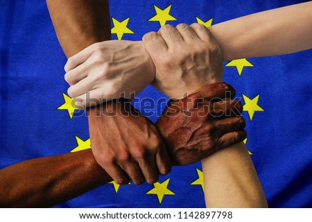 Europe flag multicultural group of young people integration diversity isolated