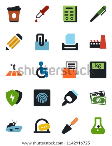 Color and black flat icon set - ticket office vector, coffee, pencil, trowel, dropper, scales, disabled, cash, hdmi, protect, fingerprint id, paper clip, document folder, tray, contract, pen, pond