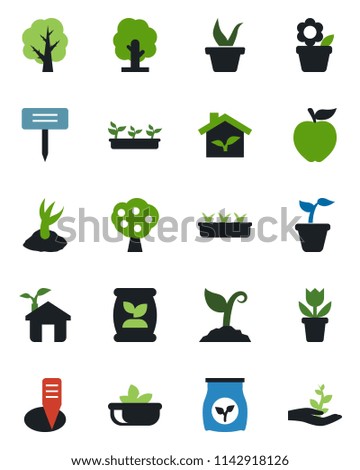 Color and black flat icon set - flower in pot vector, seedling, tree, sproute, plant label, fertilizer, fruit, salad, apple, eco house, palm
