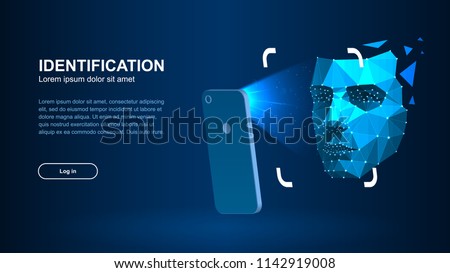 Identification of a person through the system of recognition of a human face. The smartphone scans a person's face forming a polygonal mesh consisting of lines and dots. Vector illustration. Royalty-Free Stock Photo #1142919008