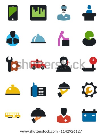 Color and black flat icon set - airport bus vector, baby room, reception, ambulance car, doctor, office phone, support, client, heavy scales, cell, scanner, root setup, dish, waiter, battery