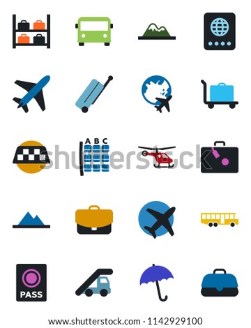 Color and black flat icon set - plane vector, taxi, suitcase, baggage trolley, airport bus, umbrella, passport, ladder car, helicopter, seat map, luggage storage, globe, mountains, case