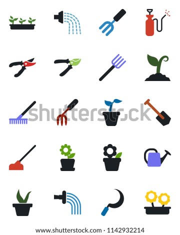 Color and black flat icon set - job vector, flower in pot, garden fork, farm, rake, seedling, watering can, sproute, pruner, hoe, sickle, sprayer