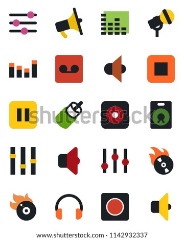 Color and black flat icon set - flame disk vector, microphone, speaker, loudspeaker, settings, equalizer, headphones, pause button, stop, rec, rca, tuning, record, sound