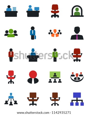 Color and black flat icon set - reception vector, manager, office chair, place, company, desk, hierarchy, estate agent, group