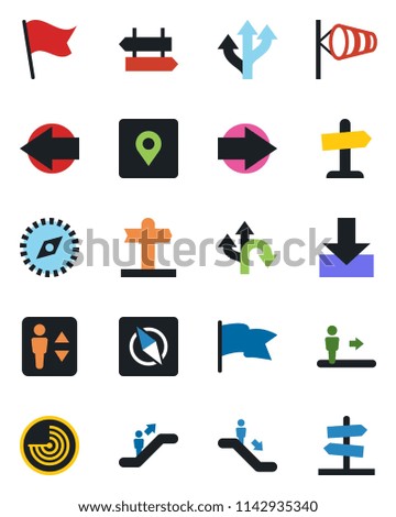 Color and black flat icon set - elevator vector, escalator, signpost, right arrow, left, wind, radar, route, download, place tag, compass, flag, guidepost