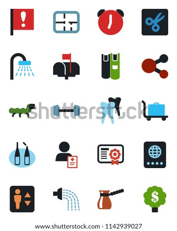 Color and black flat icon set - baggage trolley vector, elevator, passport, shower, watering, caterpillar, ampoule, barbell, tooth, patient, important flag, alarm, cut, book, plan, mailbox