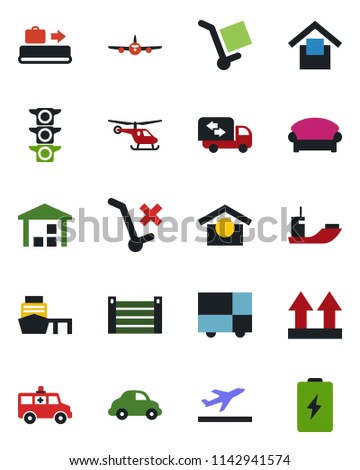 Color and black flat icon set - departure vector, baggage conveyor, waiting area, plane, helicopter, ambulance car, traffic light, sea shipping, delivery, port, container, consolidated cargo, moving