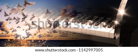 Evangelical Christian music concept background. Musical design with piano and sunset landscape with white doves.3d illustration of black grand piano keys