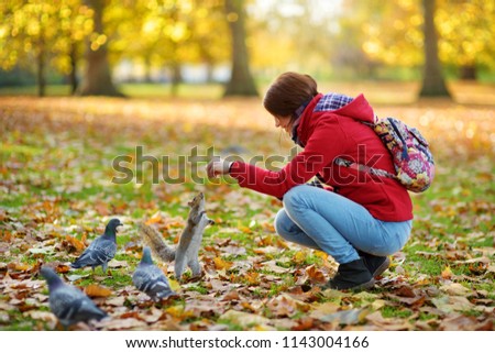 Young female tourist feeding squirrels and pigeon in St James's Park in London, United Kingdom, on beautiful sunny day in November.