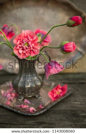A bouquet of pink poppies in an old silver jug, on an old wooden table. Retro style 