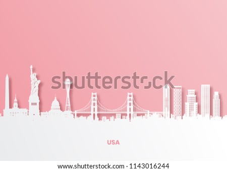 Paper cut out of USA map and famous landmark,vector paper art and digital craft style.
