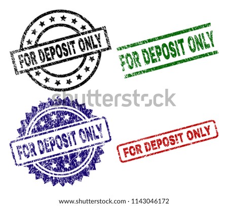 FOR DEPOSIT ONLY seal prints with corroded style. Black, green,red,blue vector rubber prints of FOR DEPOSIT ONLY caption with dust style. Rubber seals with round, rectangle, rosette shapes.