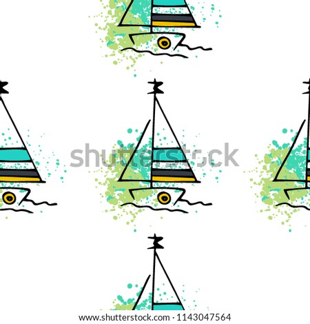 Childish drawing yacht silhouette on wave. Light summer travel adventure seamless pattern. Marine icon sketch on splash ink. Bright ship, sailboat. Retro sailing transport. Infinitely repeating motif.